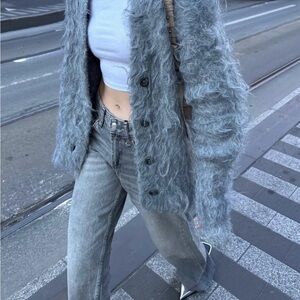 Women's fuzzy shaggy grey cardigan